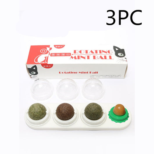 Cat toy with blue base, three rotating catnip/matatabi balls, and one licking candy, in a box labeled 'Rotating Mint Ball'. - Image 16