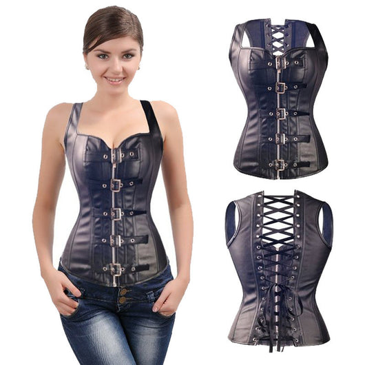 Corsé Steampunk Negro de Cuero Sintético Overbust - Image 5