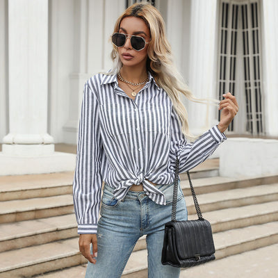 Camisa de Rayas Verticales con Solapa para Mujer - Estilo Europeo - Image 5