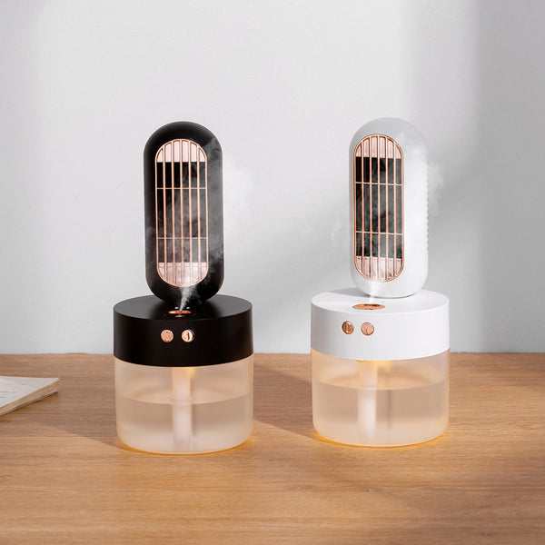 Small white and rose gold humidifier fan with an oval fan unit and a translucent cylindrical water tank.