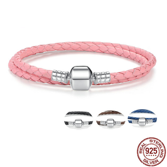 Pulsera de Cuero Trenzado Doble Negro con Cierre de Serpiente en Plata 925