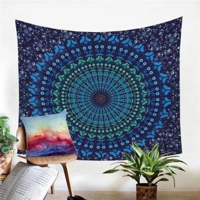 Blue and green spiral mandala wall tapestry with intricate floral patterns, made of polyester fabric.