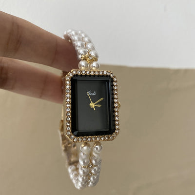 Reloj de Pulsera Cuarzo Perla Negra Cuadrado con Diamantes Plata - Image 4