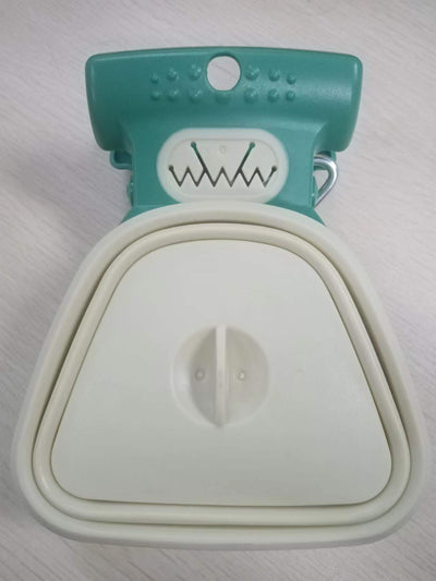 Blue and black foldable pet poop bag dispenser with an integrated scoop, ideal for travel and outdoor use. - Image 17