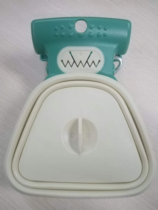 Blue and black foldable pet poop bag dispenser with an integrated scoop, ideal for travel and outdoor use. - Image 17