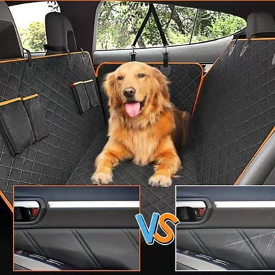 Black quilted Oxford cloth car pet mat installed in a car's rear seat, featuring a hammock design with side flaps. - Image 4