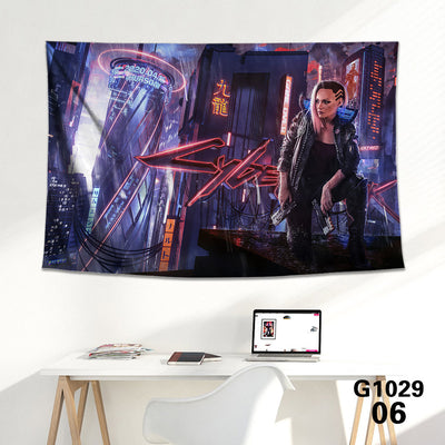 Cyberpunk 2077 tapestry featuring V and Jackie Welles with a neon-lit futuristic city skyline background. - Image 22