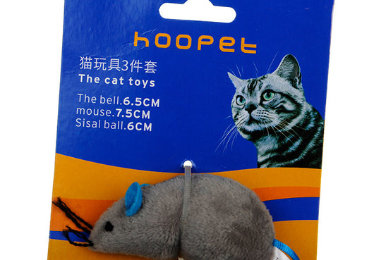 Cat toy set with a gray plush mouse, a blue plastic jingle ball, and a blue and white sisal rope ball. - Image 5