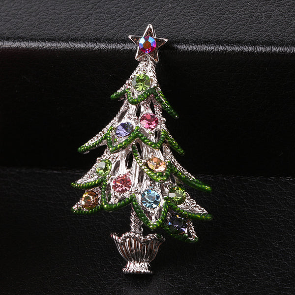Broche Navideño Árbol Retro con Diamantes