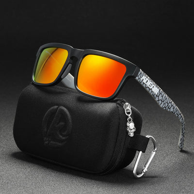 Men's and women's dazzling blue and black striped polarized sunglasses with gray lenses and a black case. - Image 71