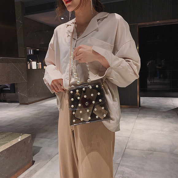 Bolso de hombro transparente con perlas para mujer