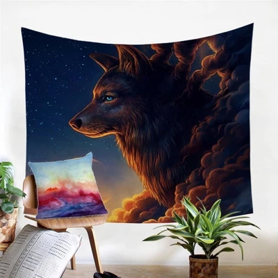 Fantasy wolf tapestry with blue eyes against a starry night sky and glowing orange clouds, displayed on a white wall. - Image 2