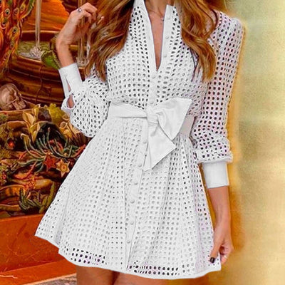 Vestido Camisero Blanco Mesh Manga Larga Ajustado - Image 8