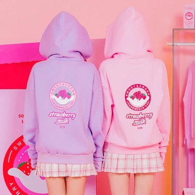 Sudadera con Cierre Strawberry Milk para Mujer - Estilo Casual Invierno Rosa y Lavanda