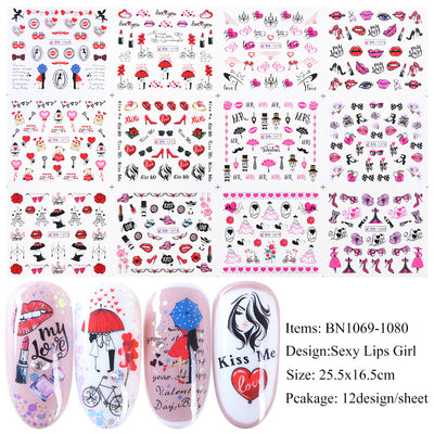 Set de Stickers de Uñas Adhesivas Diseño Osito Amor, Labios Rojos y Marca de Agua - Image 11