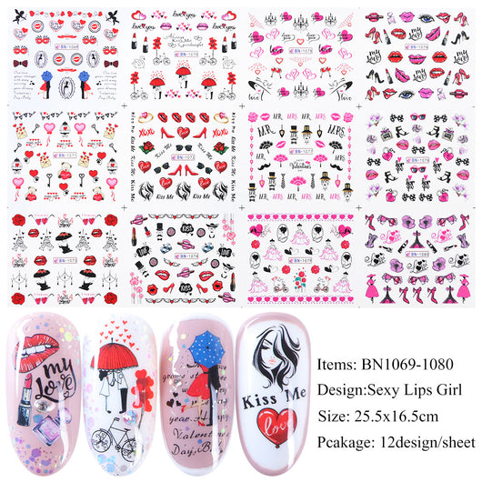 Set de Stickers de Uñas Adhesivas Diseño Osito Amor, Labios Rojos y Marca de Agua - Image 11