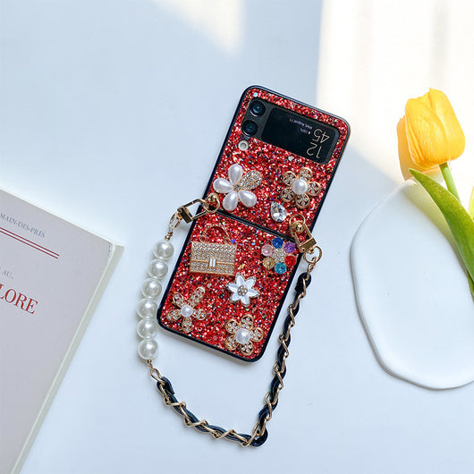 Funda Tipo Flip para Teléfono Plegable con Flores, Lentejuelas, Rhinestones y Perlas - Image 9