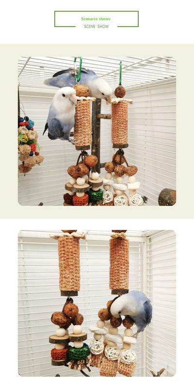 Hanging parrot chew toy made from natural wood slices, corncob, vine balls, and colorful textured blocks. - Image 13