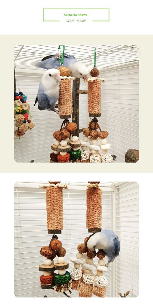 Hanging parrot chew toy made from natural wood slices, corncob, vine balls, and colorful textured blocks. - Image 13