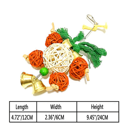 Red and green cotton rope parrot nibble toy with golden bells and a metal hook for bird cage attachment. - Image 17