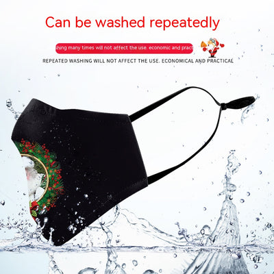 Black adult dust mask with a Christmas wreath design featuring Santa Claus in the center.