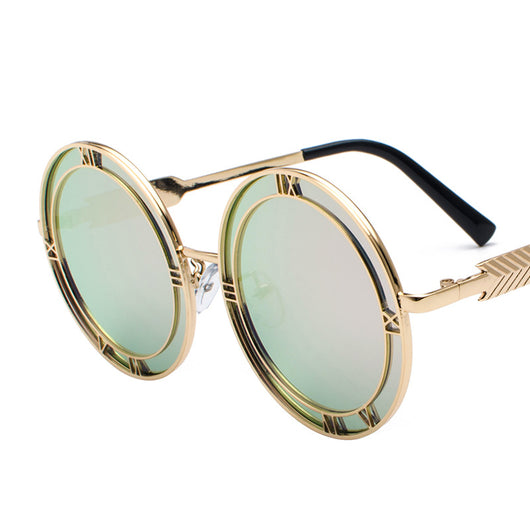 Round frame fashion sunglasses with light blue resin lenses and silver-tone metal frames featuring Roman numeral cutouts. - Image 5
