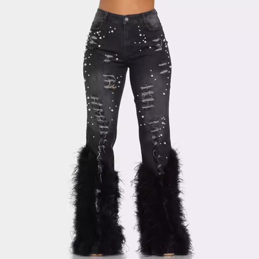 Jeans Stretch Rasgados con Detalles de Perlas
