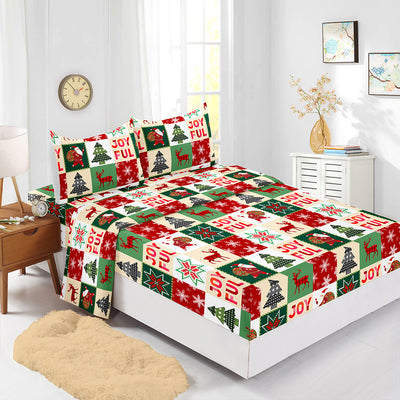 Juego de Sábanas Navideñas Ajustables Rojo - Funda de Colchón Estampada 4 Piezas