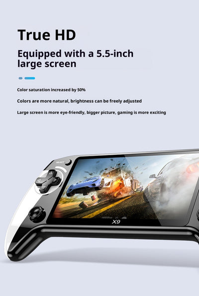 Black and white X9 portable handheld gaming console with a large screen displaying a racing game. - Image 11