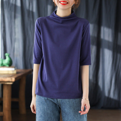 Blusa de Algodón Manga Media Suelta Cuello Alto Estilo Literario - Image 20