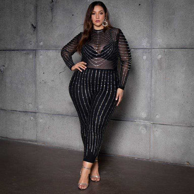 Jumpsuit Elegante de Malla Transparente con Mangas Largas y Detalles de Diamantes - Image 4