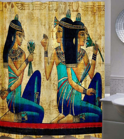 Egyptian girl shower curtain featuring ancient art of two women in blue and gold attire on a papyrus-like background. - Image 3
