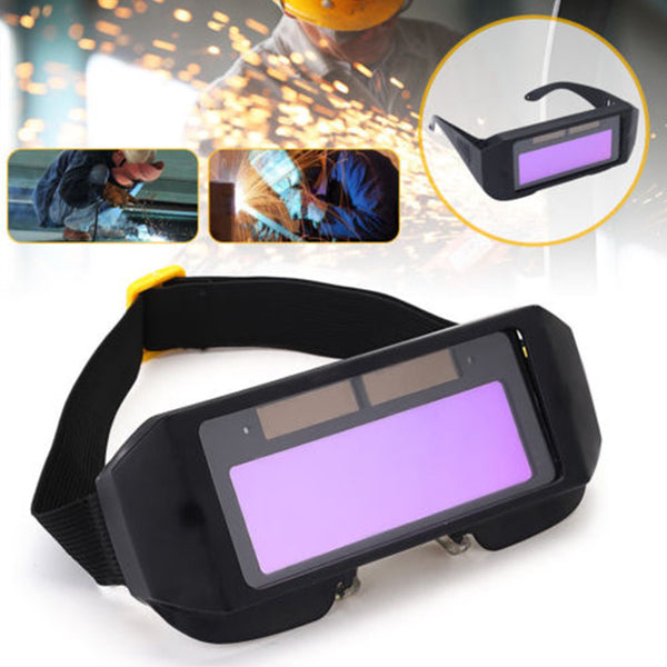 Black automatic dimming welding glasses with a purple auto-darkening lens and an adjustable elastic strap.