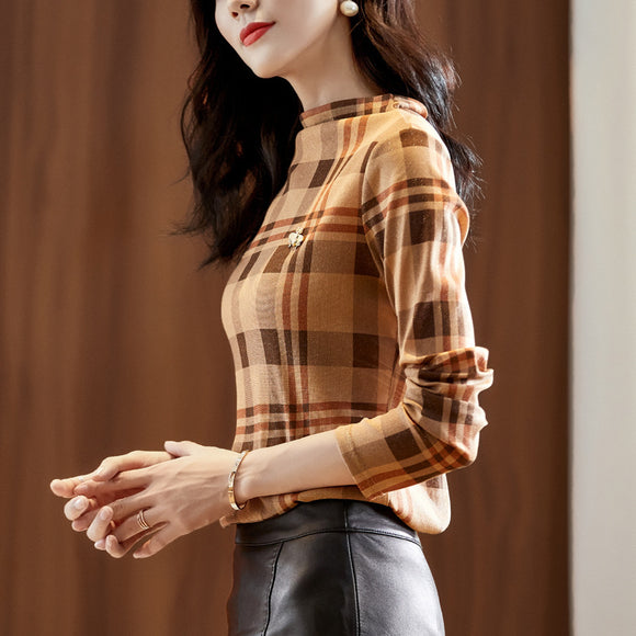 Camisa de Cuadros con Cuello Alto y Manga Larga