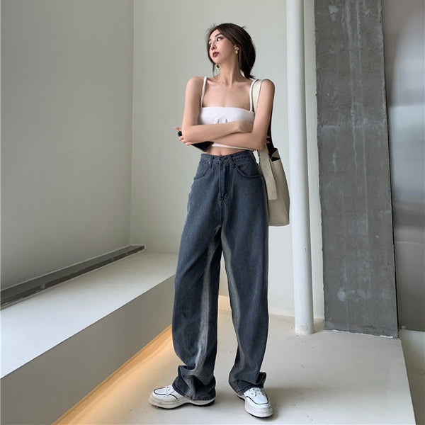 Pantalón Denim Gris Degradado Cintura Alta Ancho Suelto