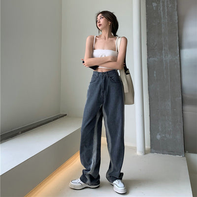 Pantalón Denim Gris Degradado Cintura Alta Ancho Suelto