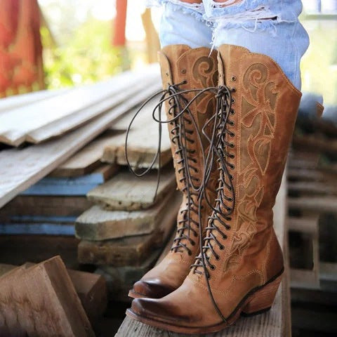 Botas Medianas de Caña con Encaje y Tacón Grueso para Mujer Tallas 40-43