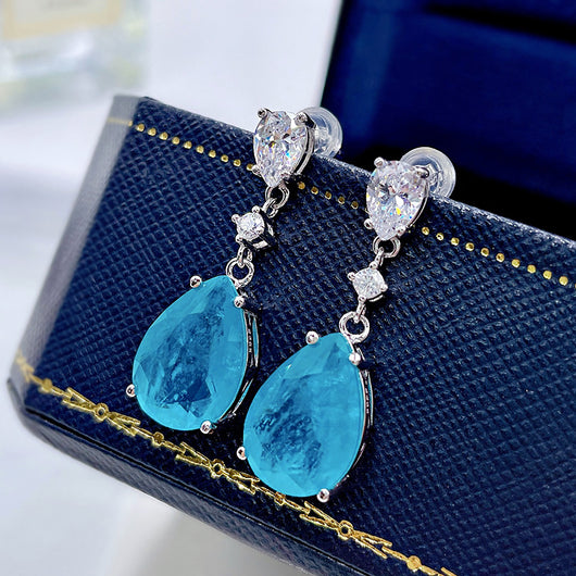 Aretes de Plata con Paraiba Sintético en Forma de Gota de Agua - Image 3
