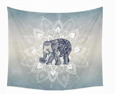 Blue and beige tapestry featuring a stylized elephant with intricate patterns over a white mandala design.