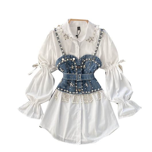 Conjunto Dos Piezas: Blusa Manga Abullonada con Detalles de Perlas y Chaleco Sling con Borlas - Image 2