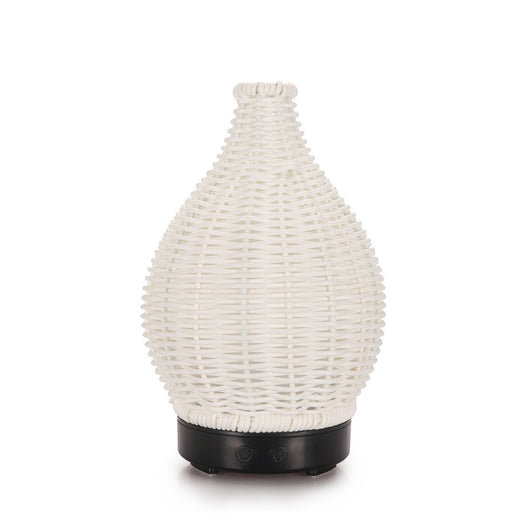 Mini ultrasonic aroma diffuser with a brown hollow rattan-style body and a white base, featuring control buttons. - Image 7