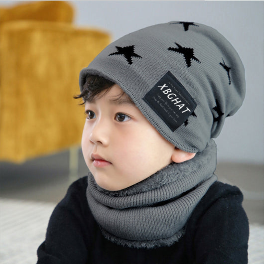 Brown knitted beanie with white five-pointed stars and a matching fleece-lined neck warmer on a man. - Image 8
