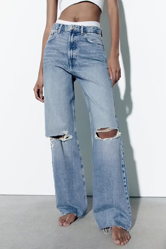 Jeans de Talle Alto y Pierna Ancha con Detalles Perforados para Primavera y Verano - Image 13