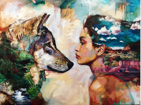 Cuadro de Diamante Lobo y Niña