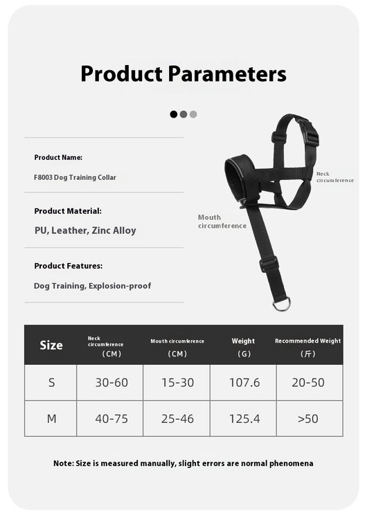 Black and brown leather and nylon dog muzzle with adjustable straps and a D-ring, shown with a size chart. - Image 21
