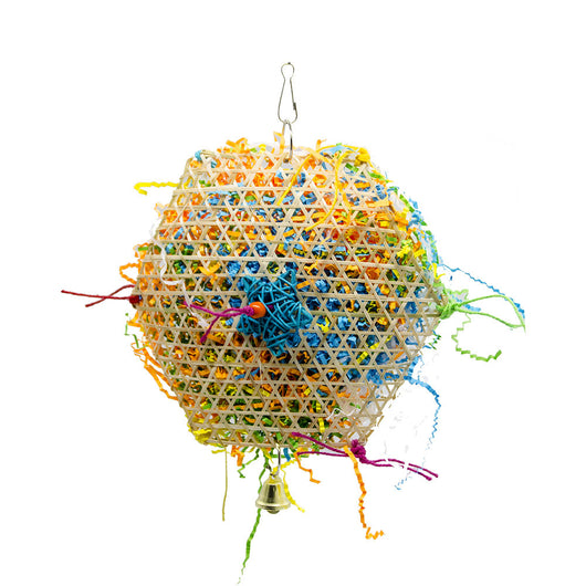 Colorful bird toy made from woven straw, filled with shredded paper, with a red star and hanging hook.