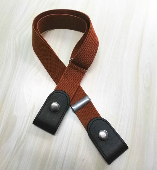 Beige elastic no-buckle belt with adjustable clips, designed for an invisible and comfortable fit. - Image 11