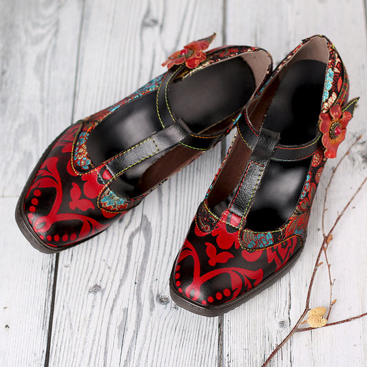 Tacones Altos Étnicos Artesanales con Flores - Estilo Retro para Mujer