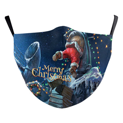 Christmas Santa Claus dustproof face mask with a red hat, white beard, and glasses on a blue and green background. - Image 12