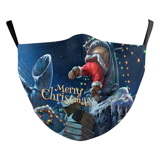 Christmas Santa Claus dustproof face mask with a red hat, white beard, and glasses on a blue and green background. - Image 12